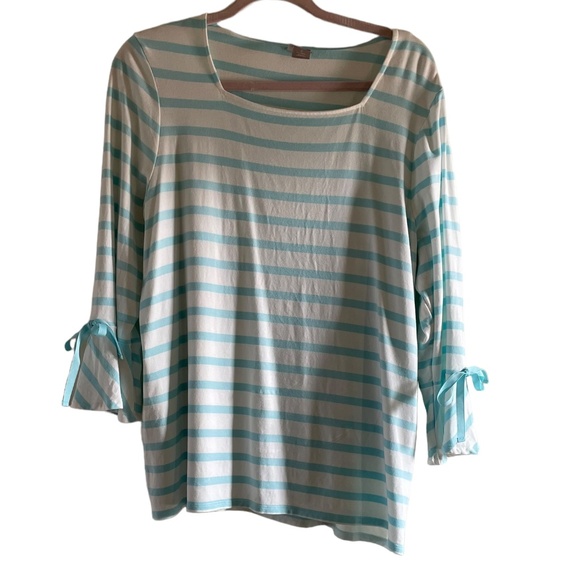 Chicos Square Neck 3/4 Sleeve Top, Aqua and White Stripes Large - Picture 1 of 6